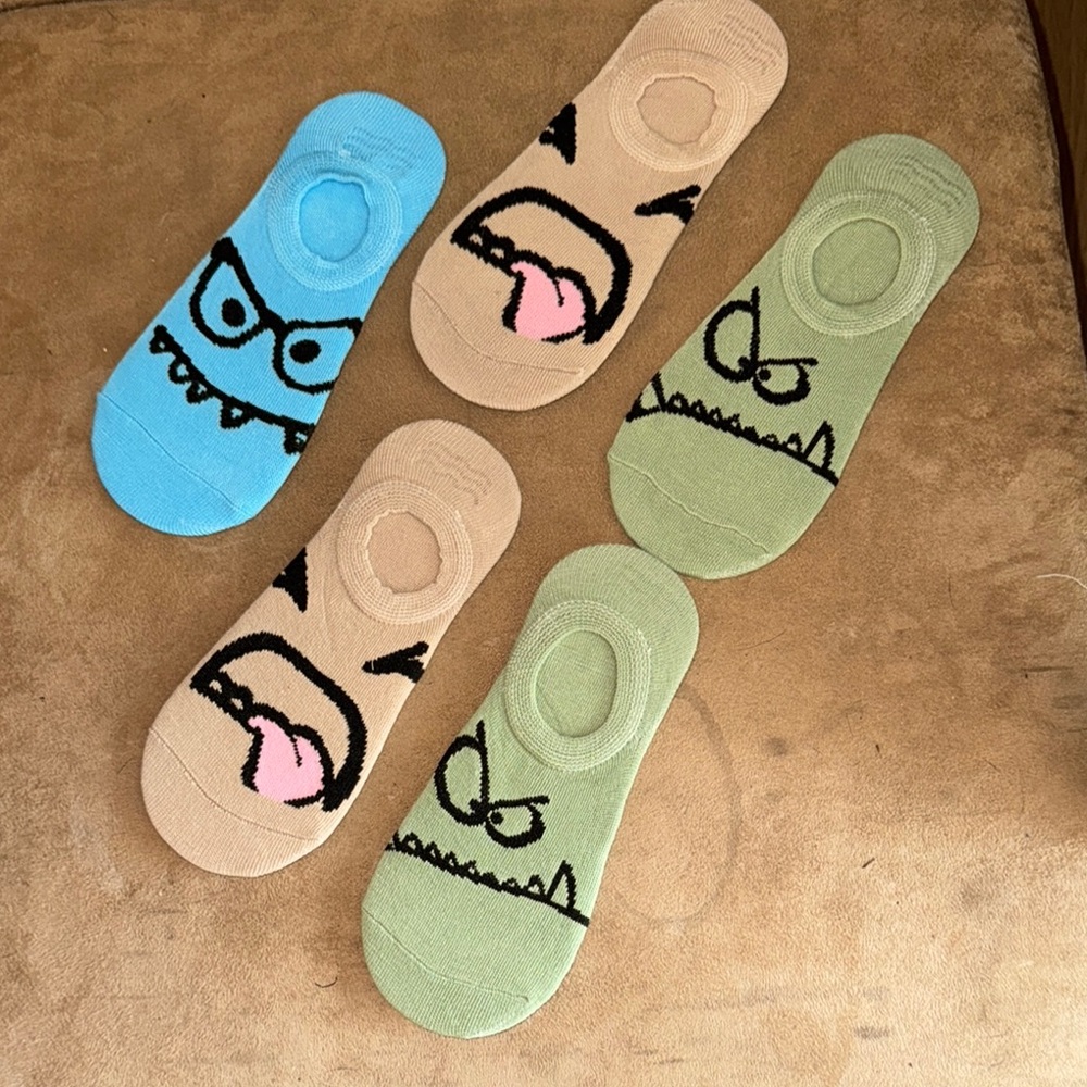 Fun Cartoon Face Socks Set - Blue, Beige, Green
